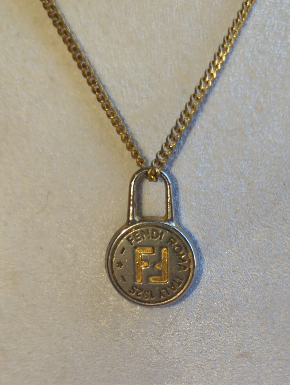 Fendi Two-Tone Gold and Silver Brass Padlock Logo Necklace Upcycled